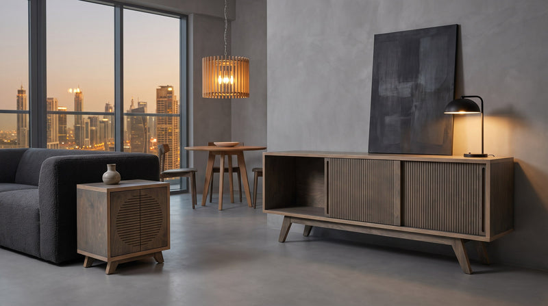 Render: a Dubai apartment in microcement and charcoal with the city at dusk through the glass, a Sammy Credenza and Penelope Bedside Table in Smoke and a Celeste Pendant Lamp in Natural