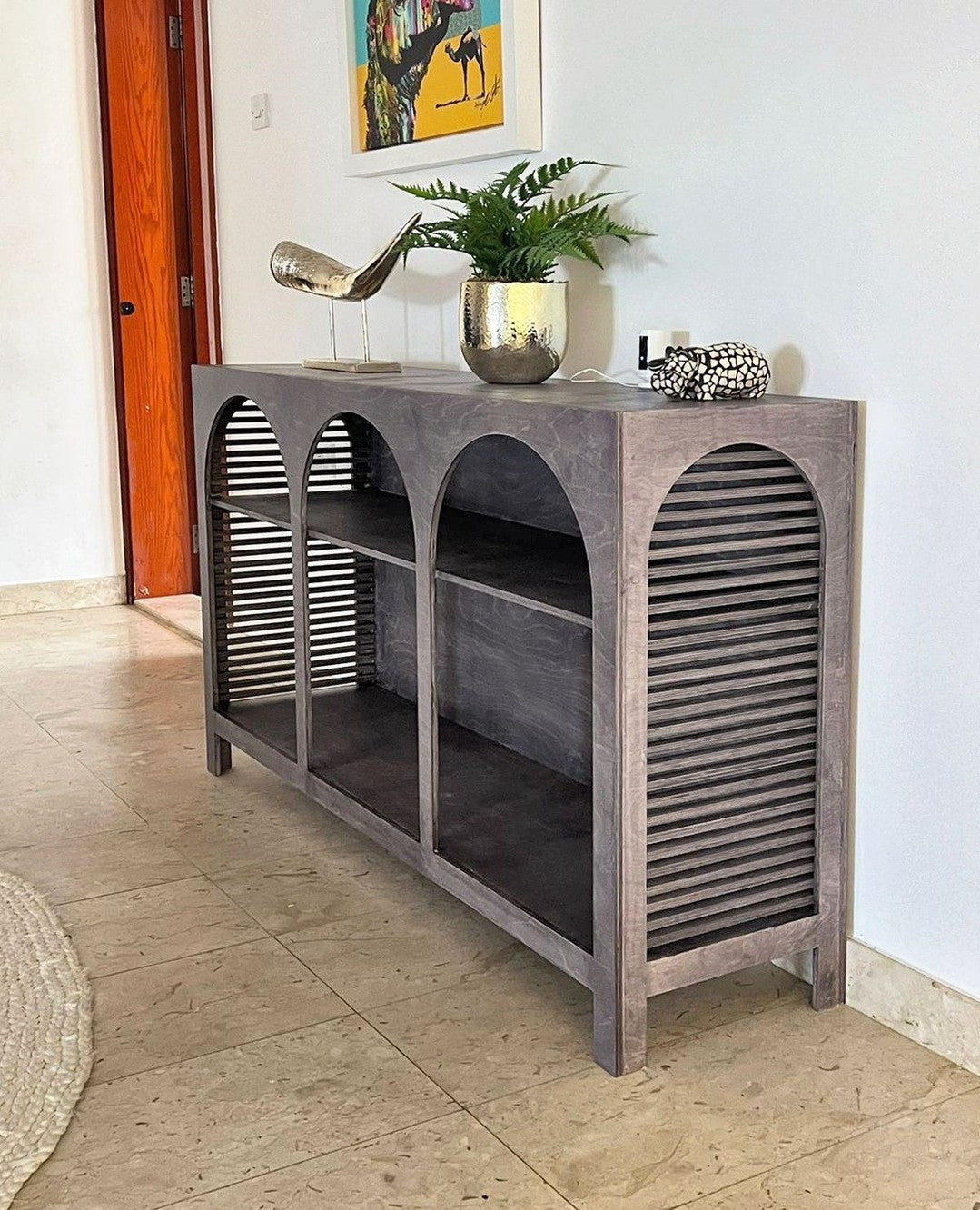 Jeffrey Sideboard, an open birch plywood sideboard with arched front — view 7