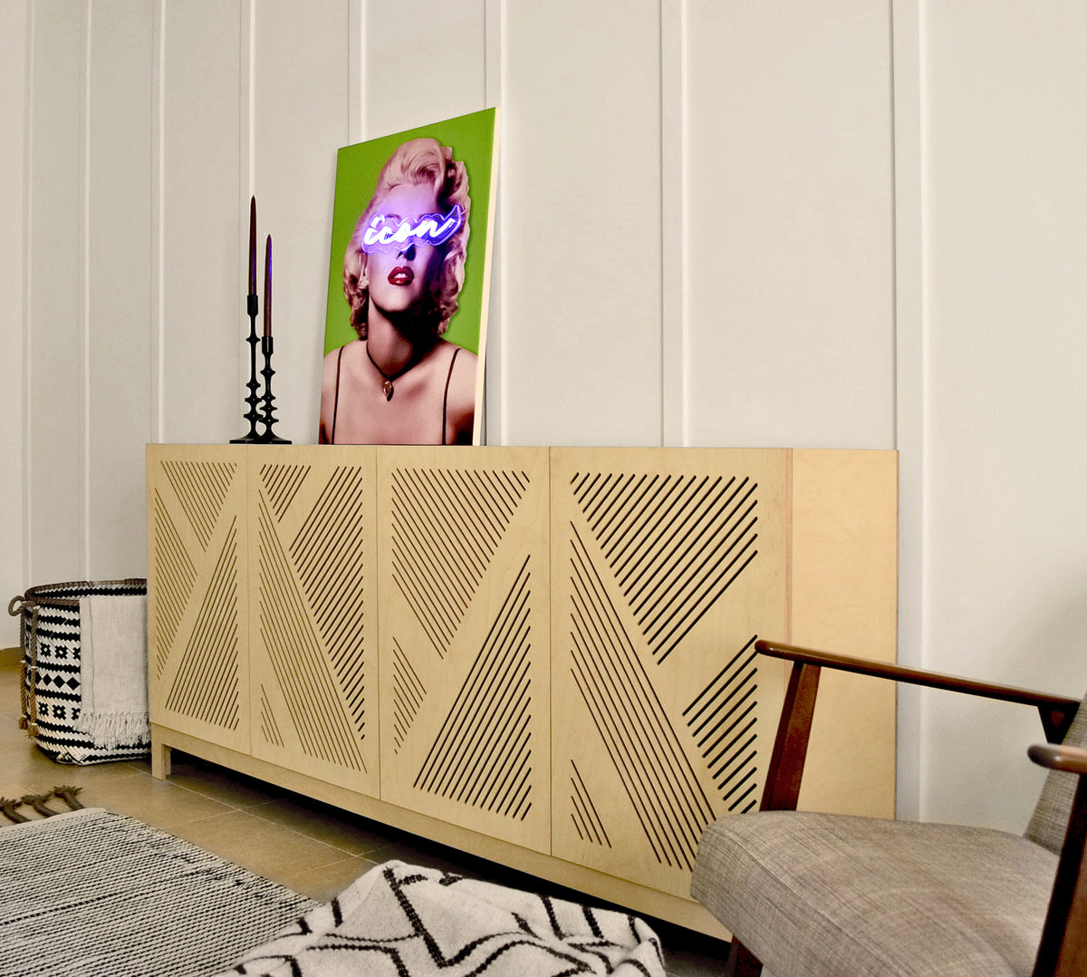 Eclectic Soul Sideboard, a birch plywood sideboard with geometric texture, handmade in Dubai by Plyconcept