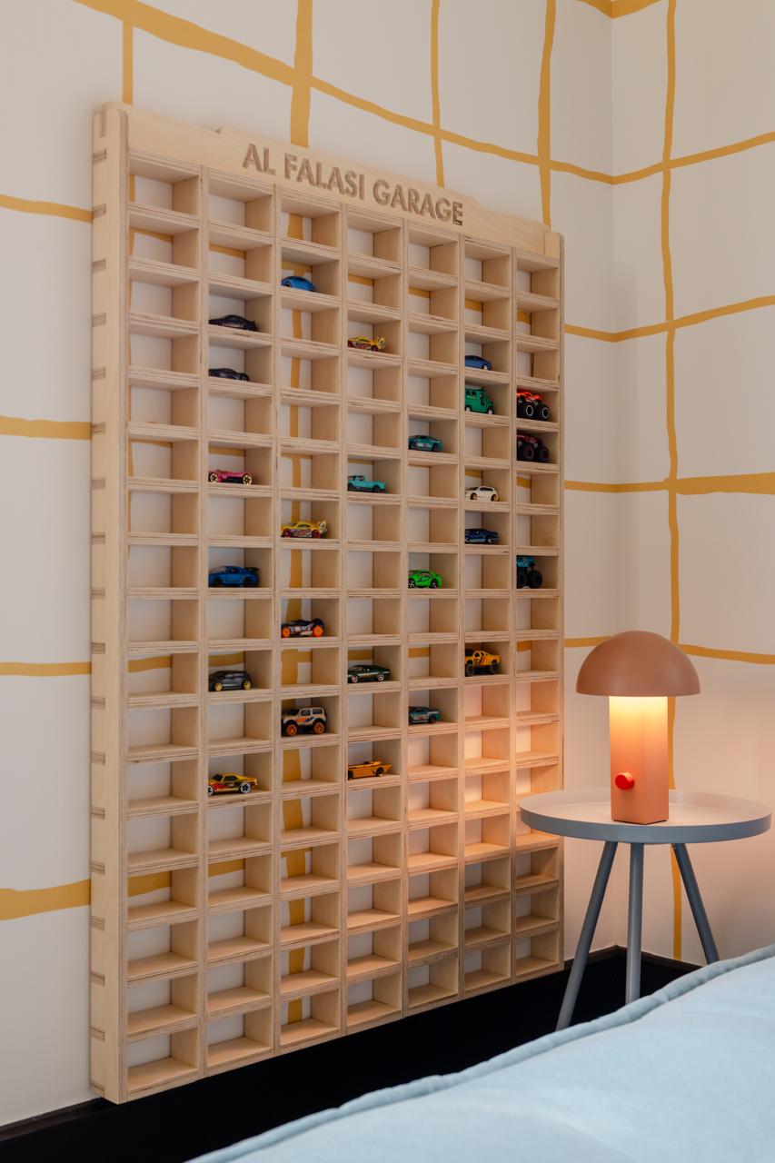 Mini Car Wall Garage, a wall-mounted birch plywood toy car garage — view 4