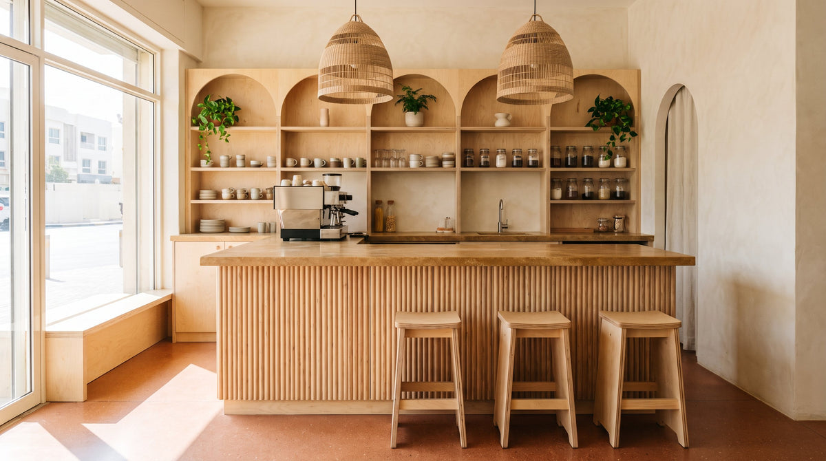 Concept: a café counter and back bar built in birch ply with arched shelving