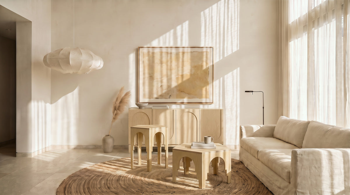 Render: a sunlit boho-minimal living room with the Plyconcept Boho Soul sideboard and the Luna tall and low tables in Natural birch plywood