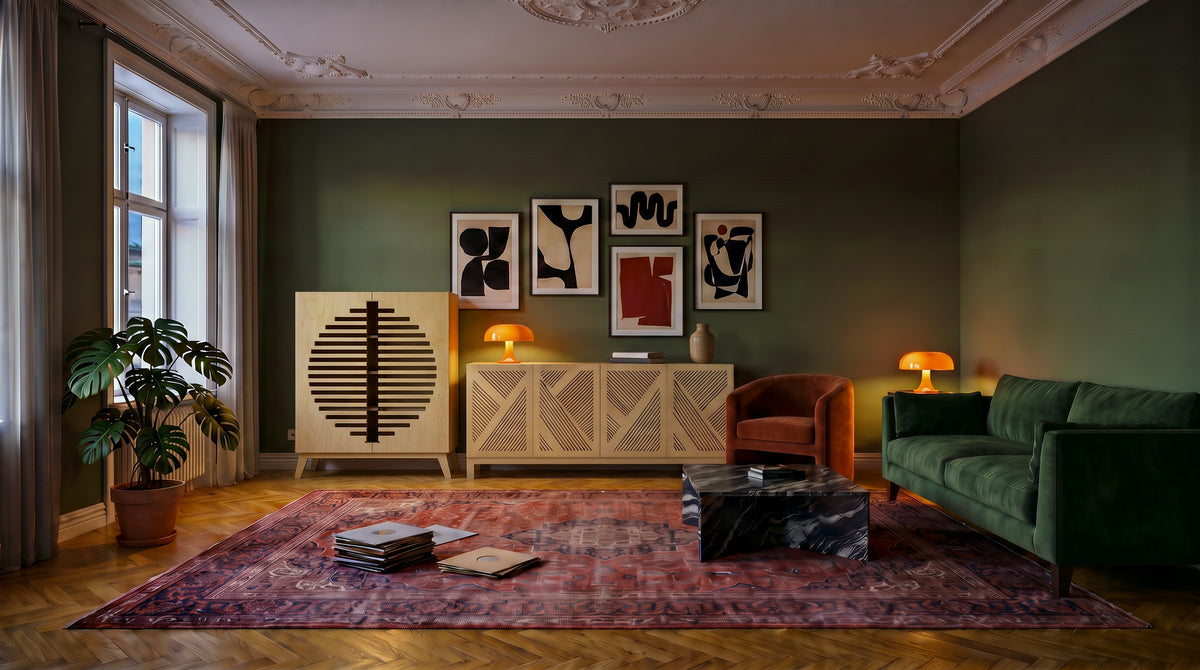 Render: an eclectic olive-green living room at night with the Plyconcept Eclectic Soul sideboard and Zoe cabinet in Natural birch plywood