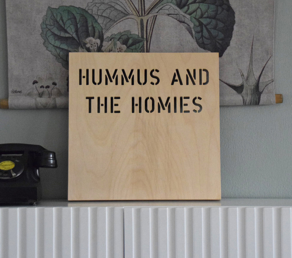 Hummus Plaque, a birch plywood wall plaque and serving tray, handmade in Dubai by Plyconcept