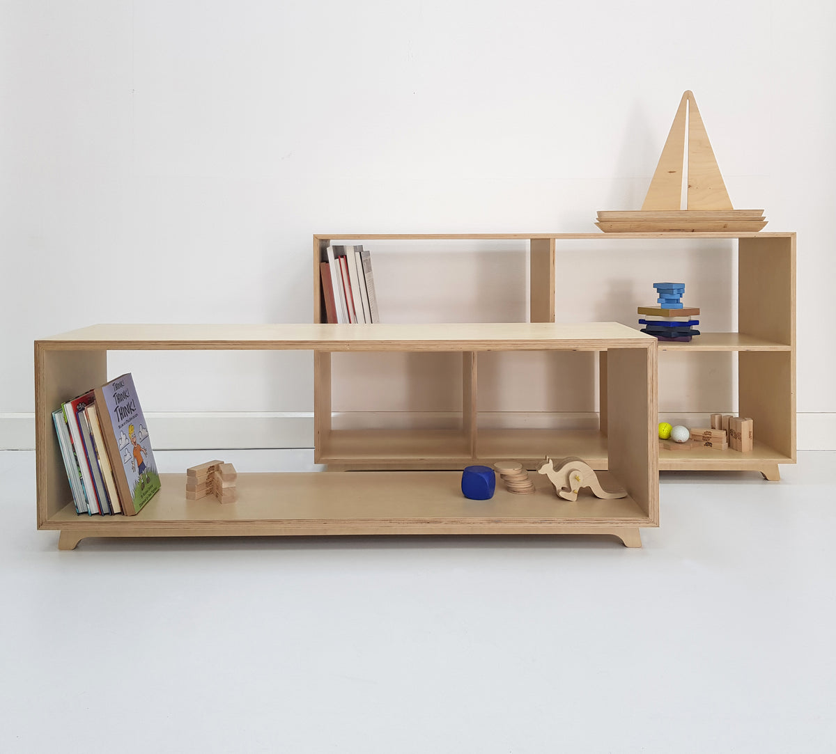 Sofi Play Shelves, Montessori birch plywood toy shelving, handmade in Dubai by Plyconcept