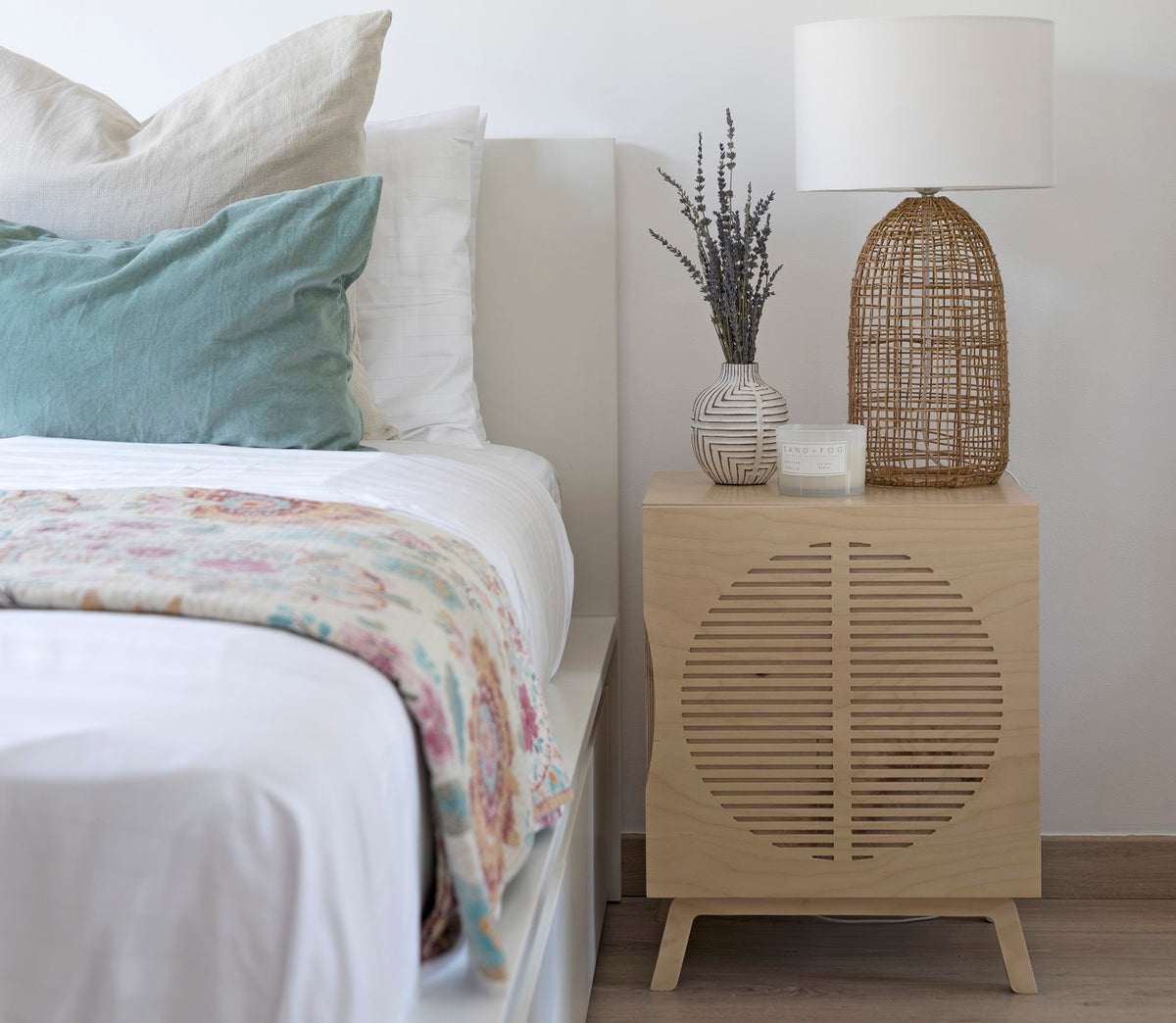 Penelope Bedside Table in birch plywood, with internal shelf and soft-close door, handmade in Dubai by Plyconcept
