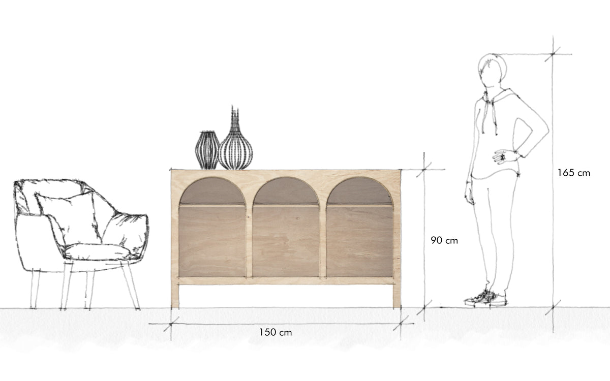 Jeffrey Sideboard, an open birch plywood sideboard with arched front — view 8