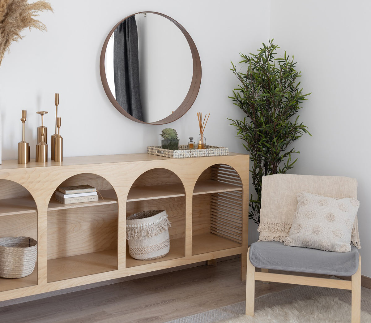 Jeffrey Sideboard, an open birch plywood sideboard with arched front — view 6