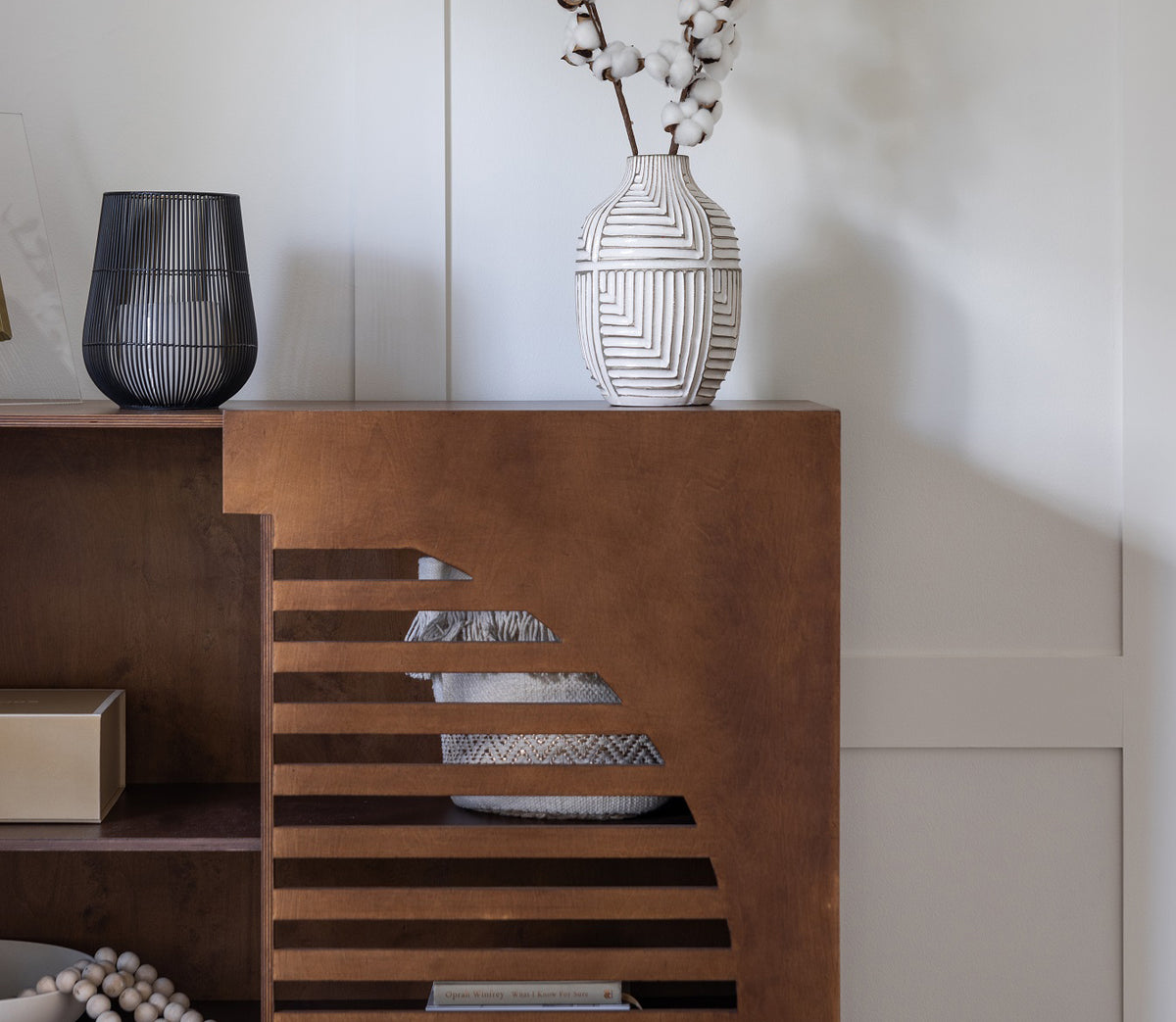 Zoe Side Cabinet, a birch plywood cabinet with end-grain slatted doors — view 3