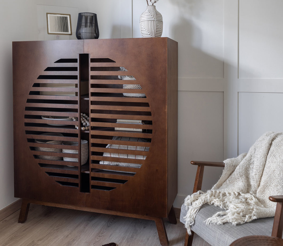 Zoe Side Cabinet, a birch plywood cabinet with end-grain slatted doors — view 4