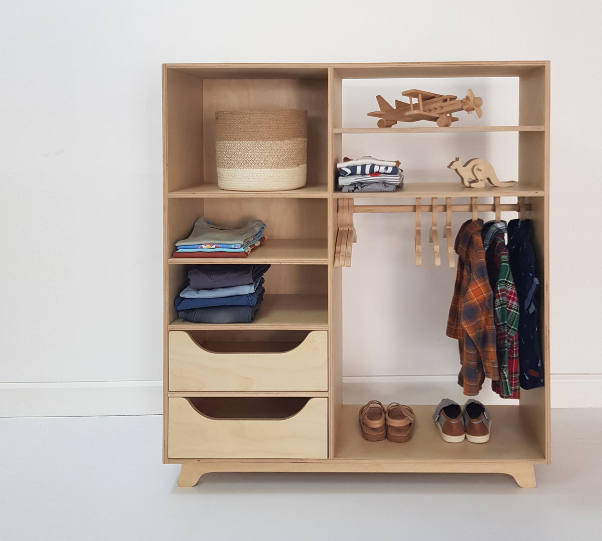 Sofi Wardrobe, a Montessori birch plywood children's wardrobe, handmade in Dubai by Plyconcept