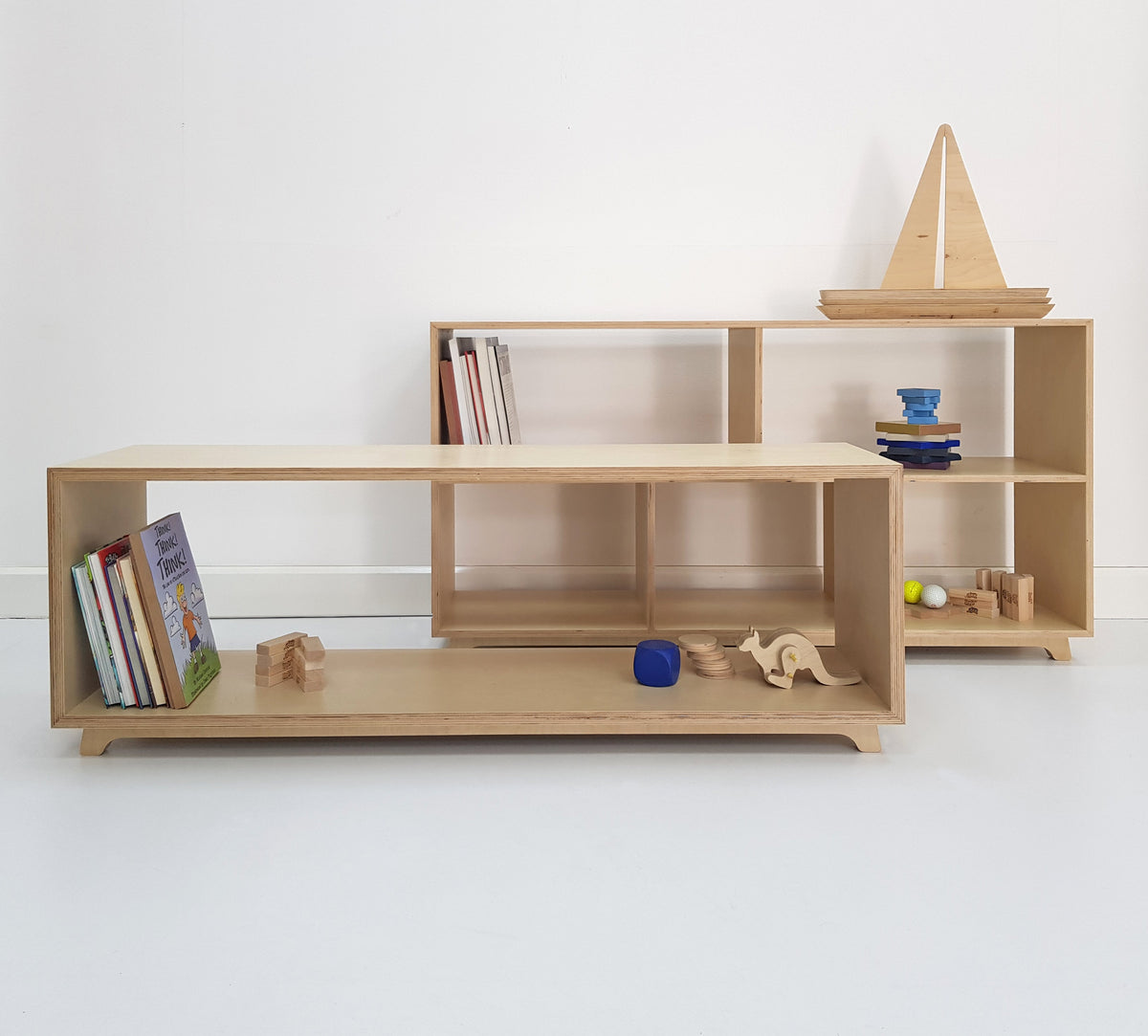 Sofi Play Shelves at Infant height in sealed birch plywood, low open nursery storage made to order in Dubai by Plyconcept