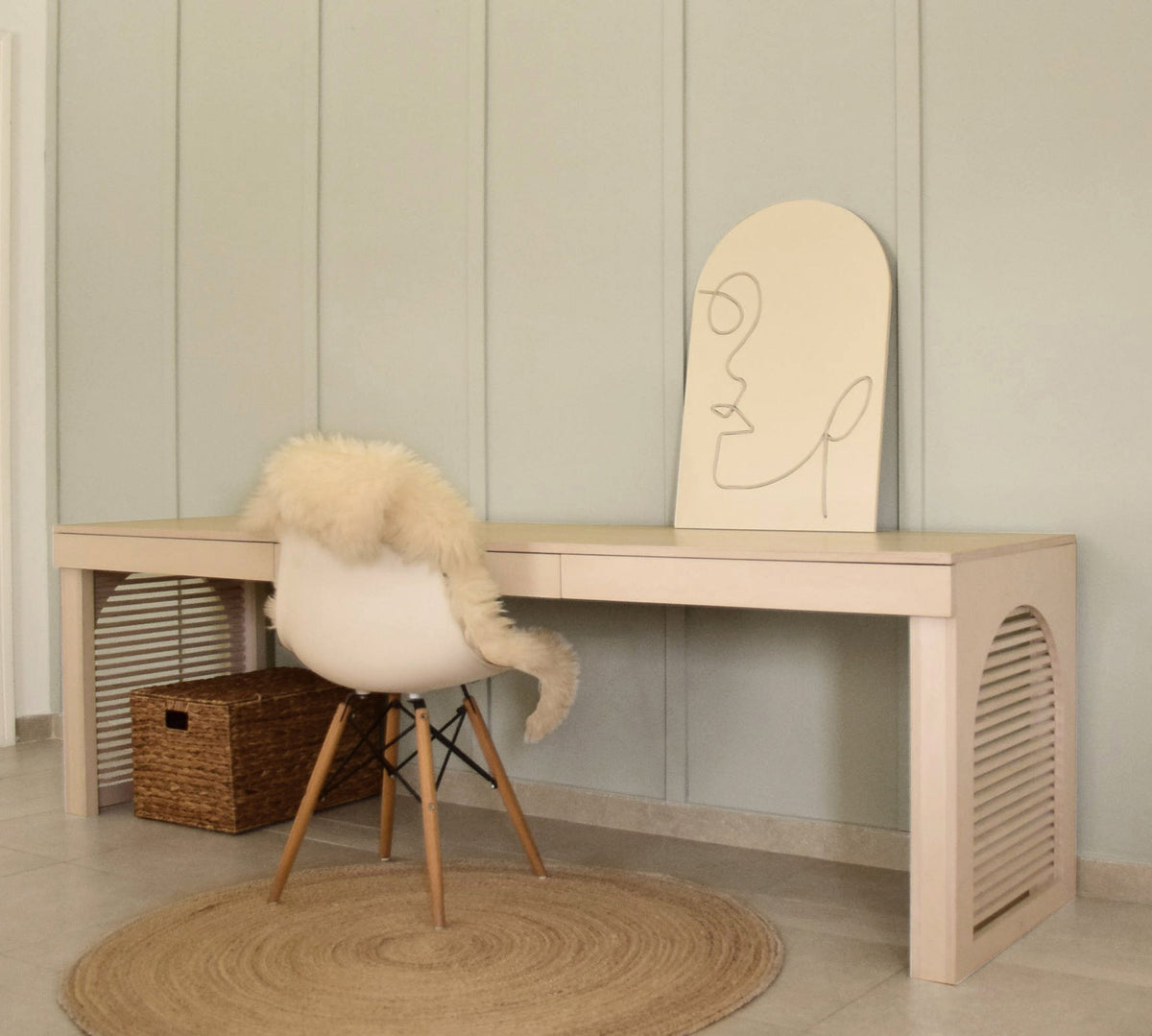 Jeffrey home office desk in sealed birch plywood with soft-close drawers, placed side-on to a window in a Dubai apartment, made to order by Plyconcept