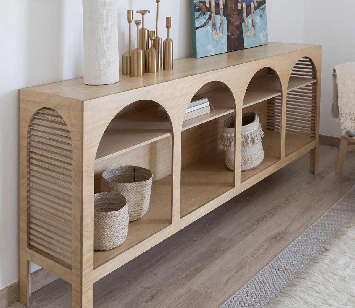 Jeffrey open sideboard in sealed birch plywood with end-grain slats and an arched front, made to order in Dubai by Plyconcept