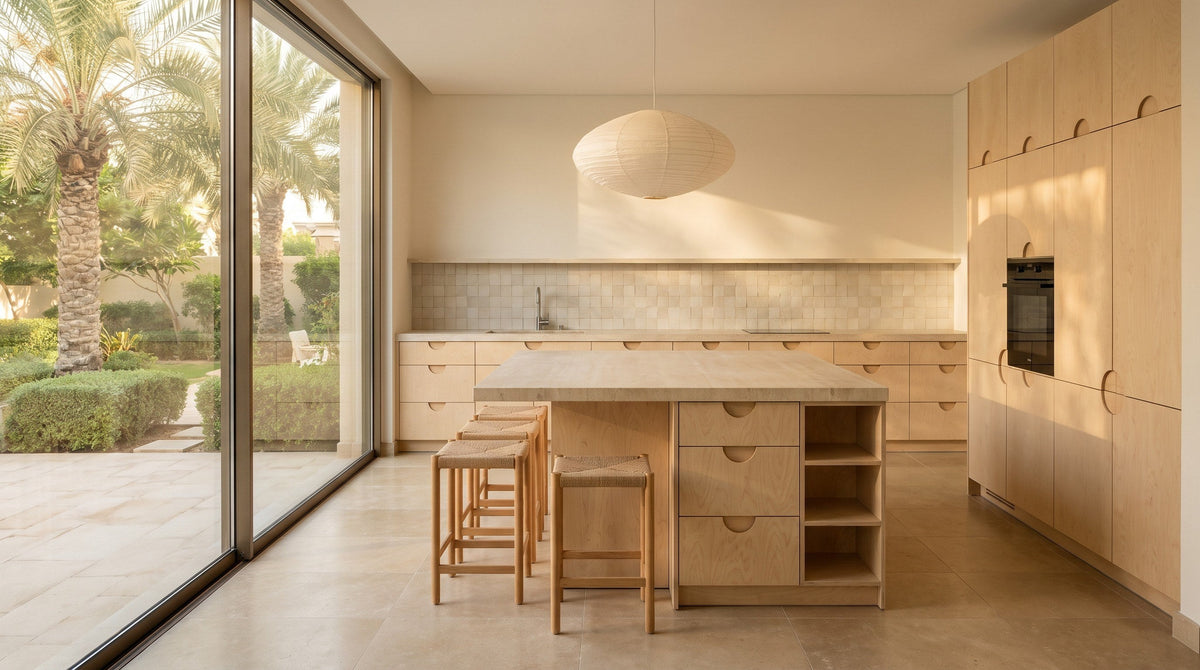 Concept: a birch plywood kitchen in the Natural finish with half-moon cut-in pulls, tall larder units and a pale stone-topped island, in a Dubai villa opening onto the garden