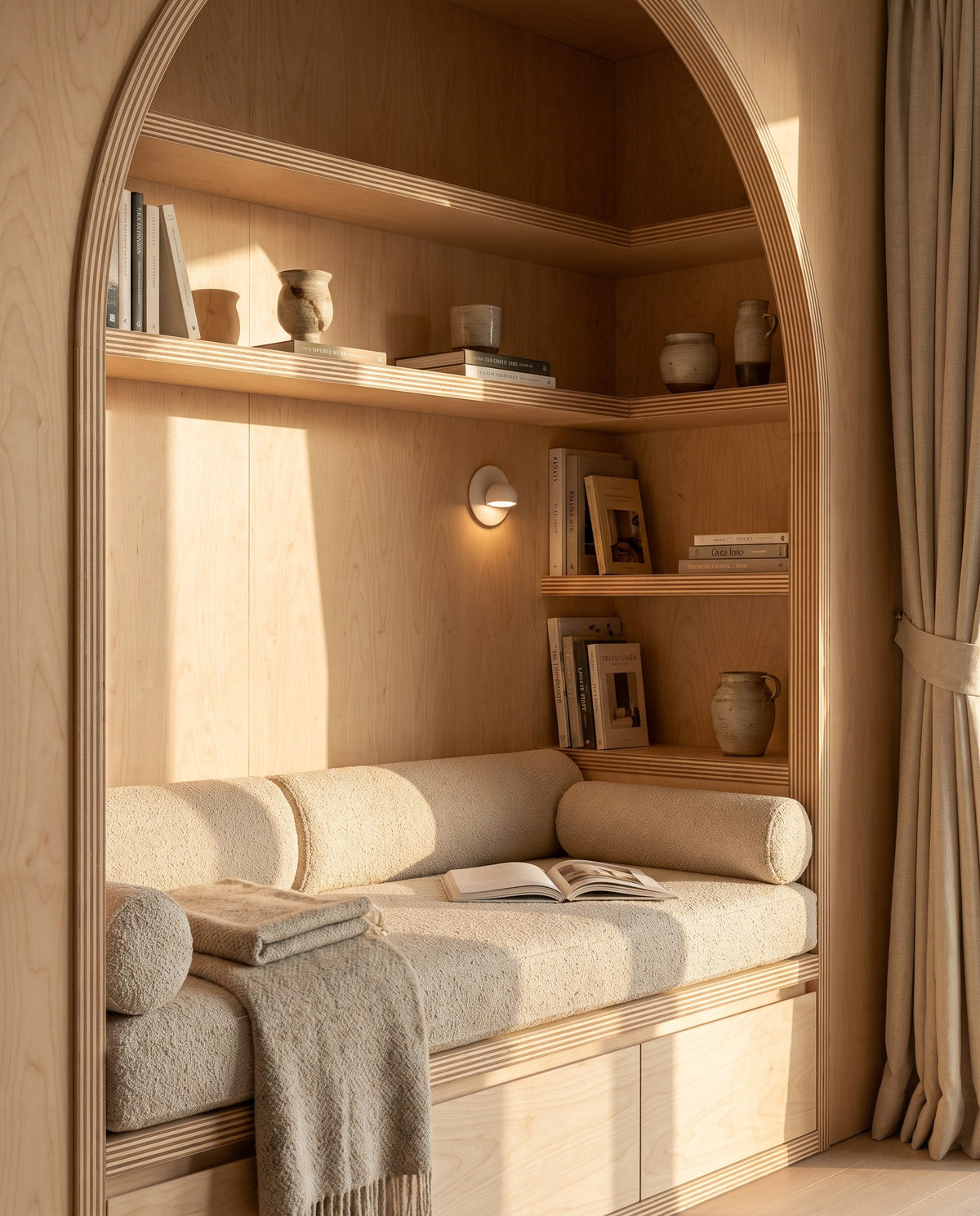 Concept: an arched reading nook in sealed birch plywood with the layered edge on show, a cushioned bench over drawers, corner shelving and a wall light