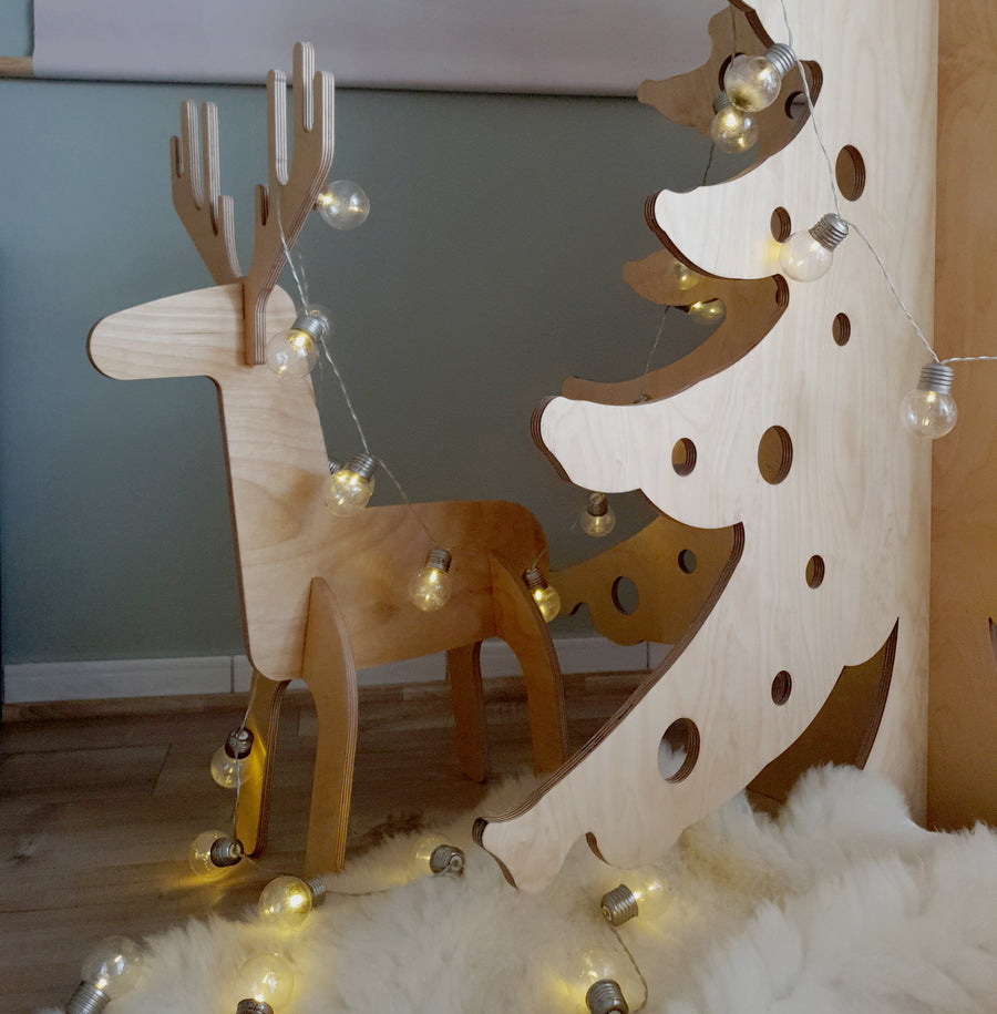Birch plywood reindeer and Christmas tree with string lights
