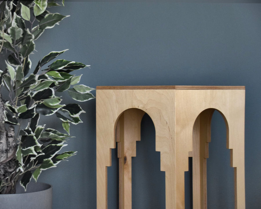 Birch plywood side table with stepped arch cut-outs