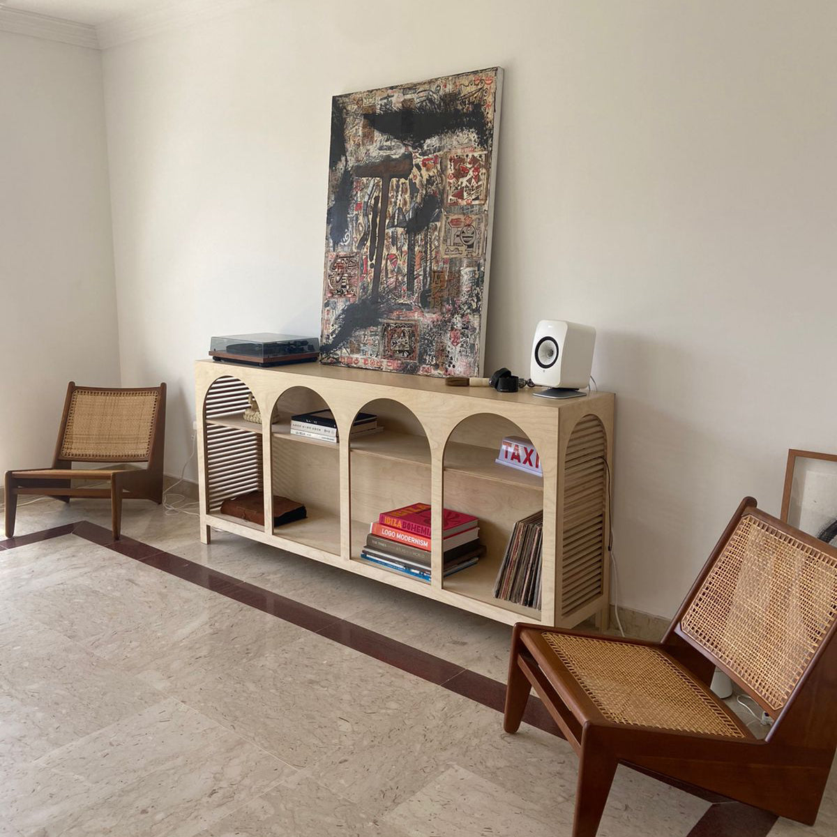 Jeffrey Sideboard, an open birch plywood sideboard with arched front — view 3