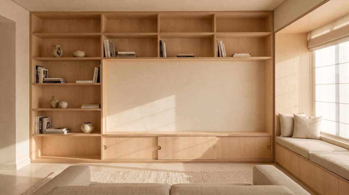 Concept: a living room wall fitted floor to ceiling in birch ply shelving with a window bench