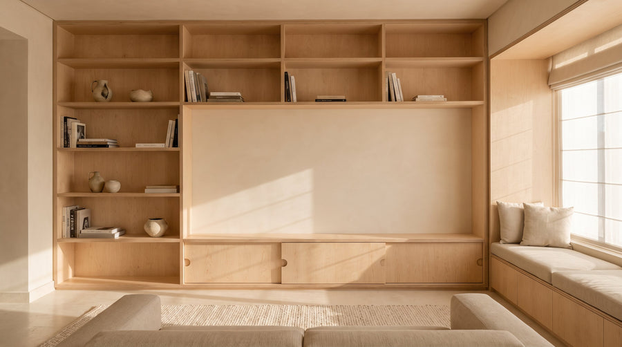 Concept: a living room wall fitted floor to ceiling in birch ply shelving with a window bench