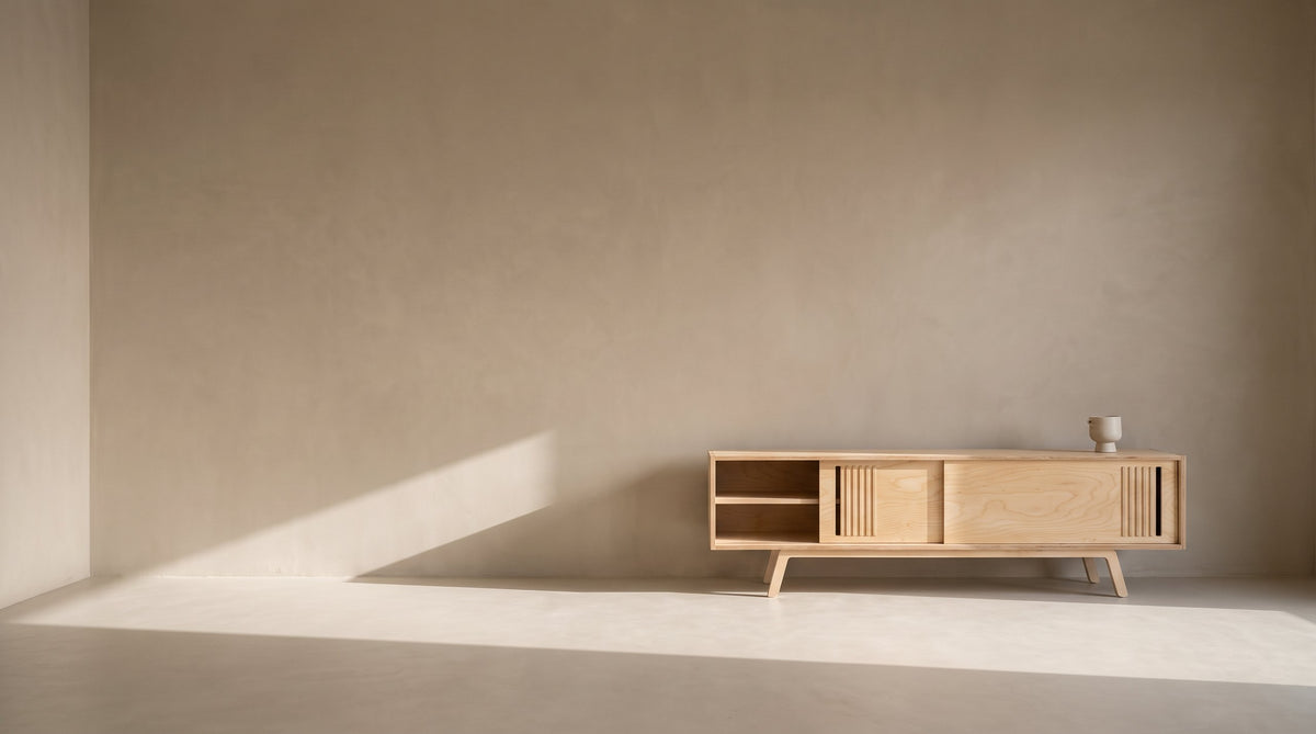 Render: a Sammy Credenza in natural birch plywood against a wide taupe plaster wall in raking morning light