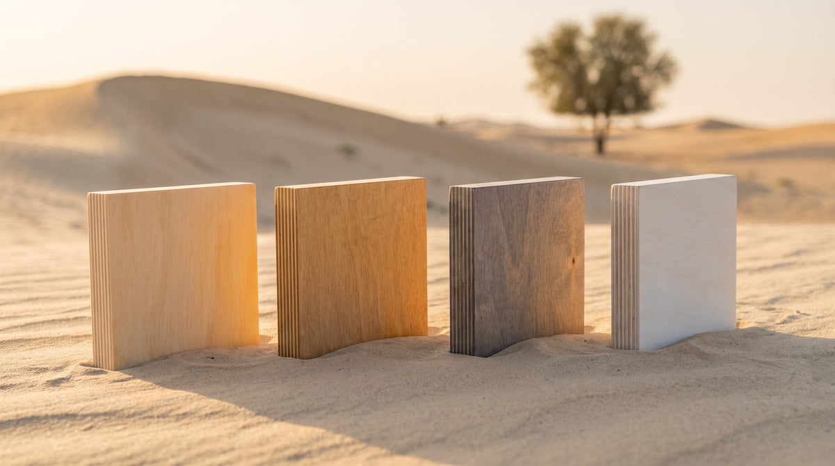 Concept: the four Plyconcept finishes on birch plywood blocks — Natural, Sand, Smoke and Snow — standing in desert sand