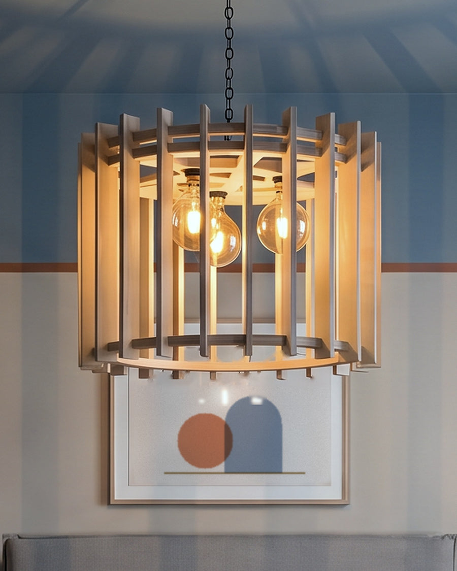 Render: the Celeste pendant lamp in Natural birch plywood, lit, its radial fins glowing warm