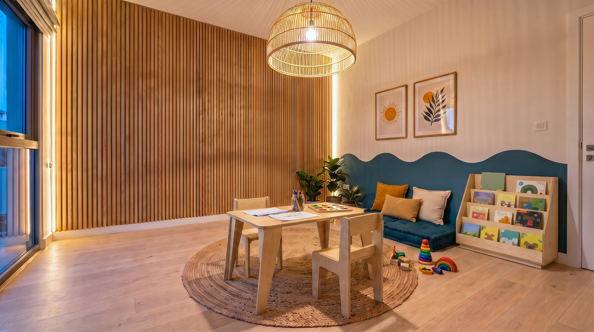 Render: a modern children's playroom in evening light with the Plyconcept Sofi table and chairs and Sofi bookcase in Natural birch plywood