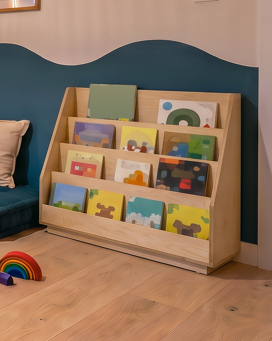 Render: the Sofi bookcase in Natural birch plywood, picture books facing out on stepped ledges