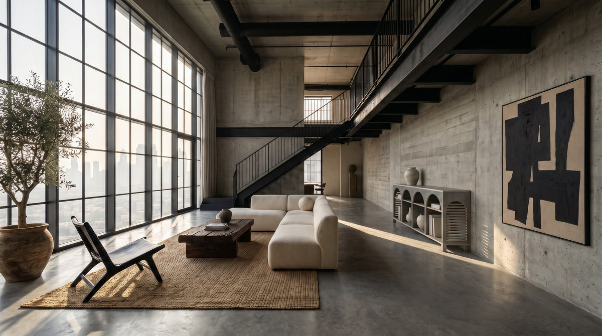 Render: an industrial warehouse loft with the Plyconcept Jeffrey Lungo sideboard in Smoke birch plywood against board-formed concrete