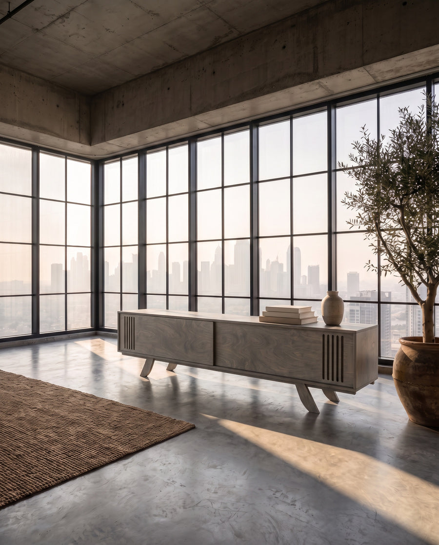 Render: the Sammy credenza, 220 cm, in Smoke birch plywood, under a black steel window wall