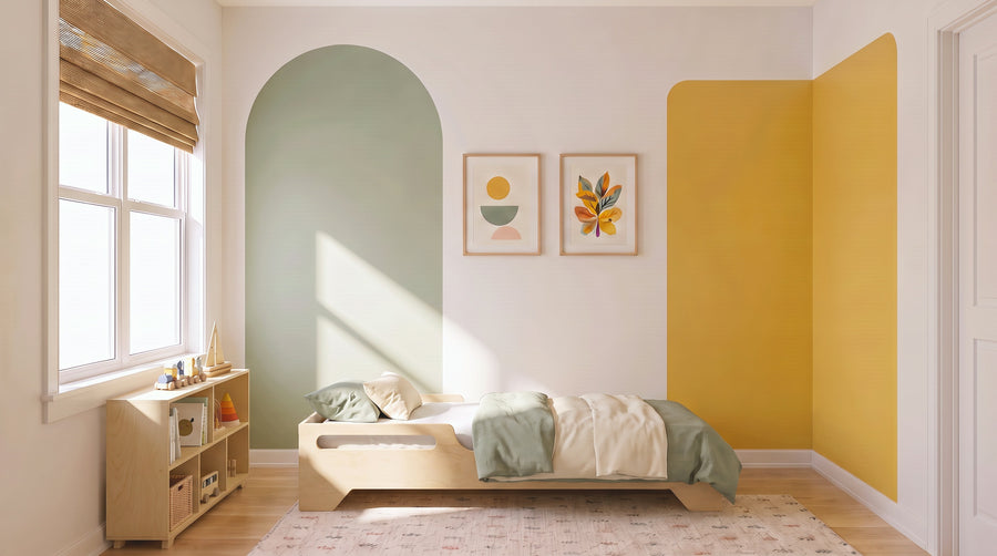 Render: a sunny Montessori-style child's bedroom with the Plyconcept Sofi floor bed and Sofi play shelves in Natural birch plywood
