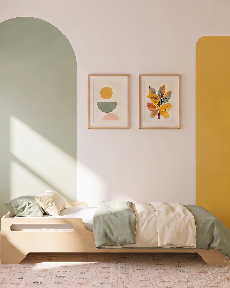 Render: the Sofi floor bed in Natural birch plywood, made up with sage and cream linen