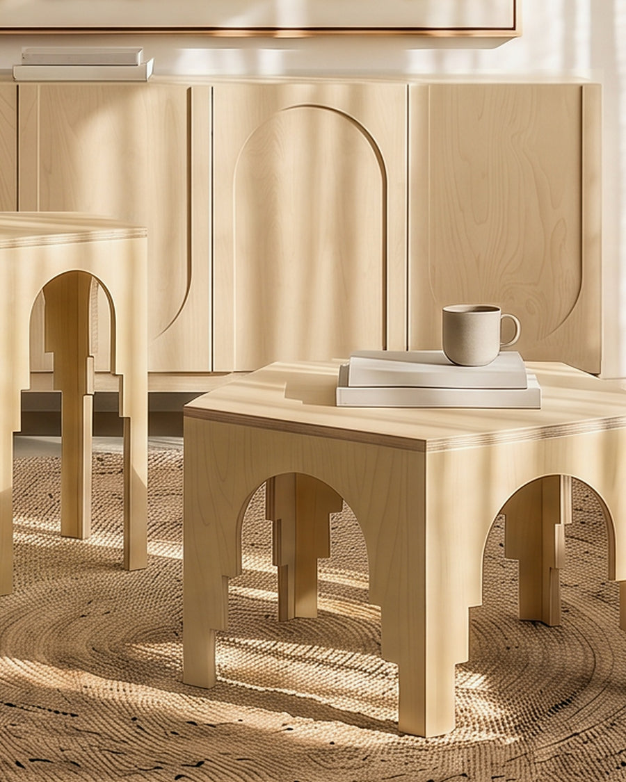 Render: the Boho Soul four-door sideboard in Natural birch plywood, with routed arches alternating up and down
