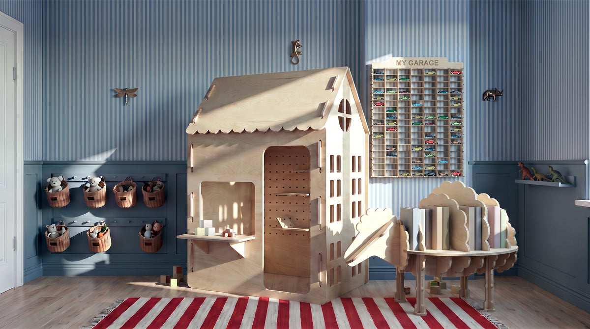 Render: a bright children's playroom with the Plyconcept Ply House, Mama Sheep bookcase and Mini Car Wall Garage in Natural birch plywood
