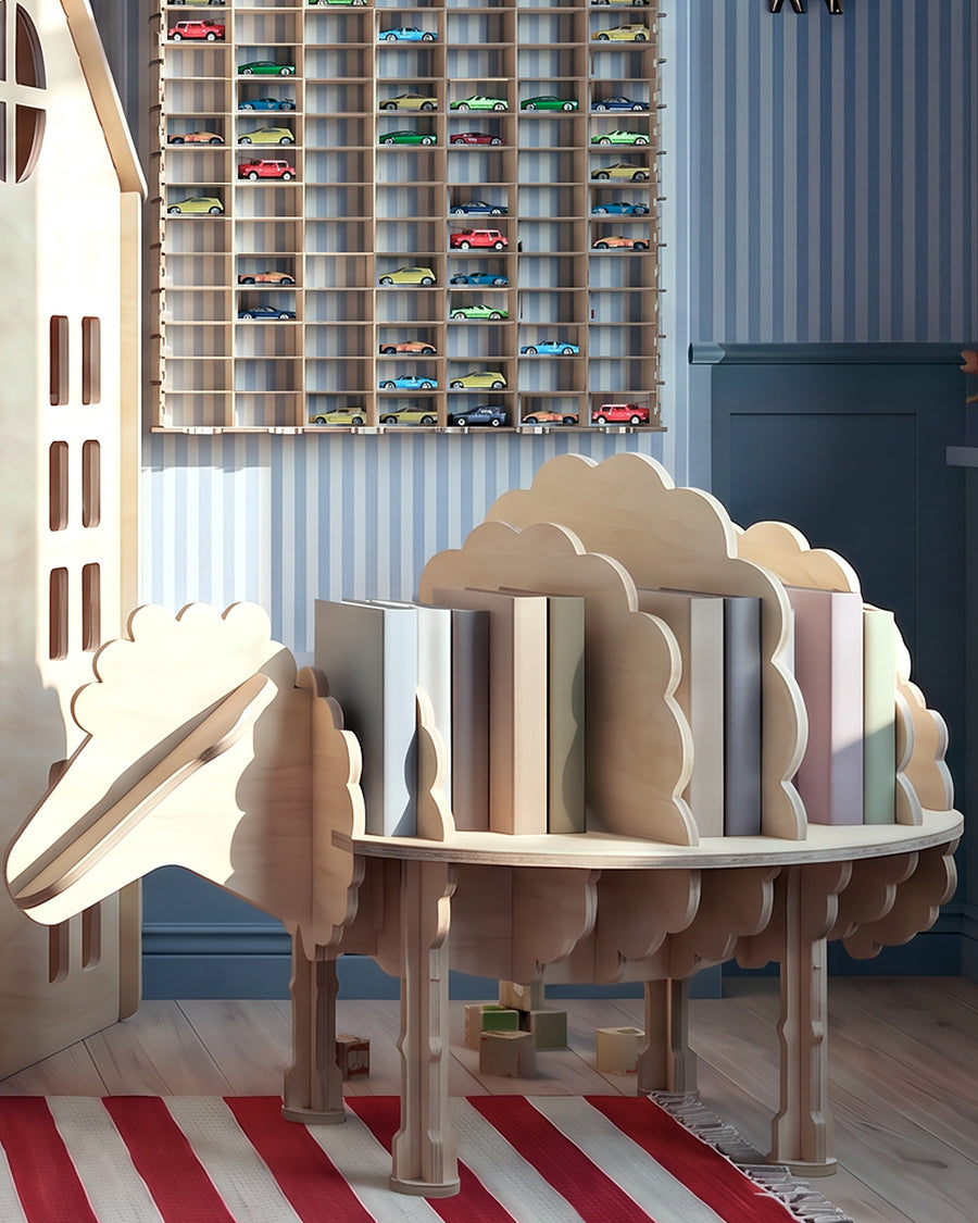 Render: the Mama Sheep bookcase in Natural birch plywood on a red striped rug, books between its discs