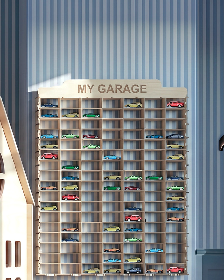 Render: the large Mini Car Wall Garage in Natural birch plywood on a pinstripe wall, half filled with toy cars