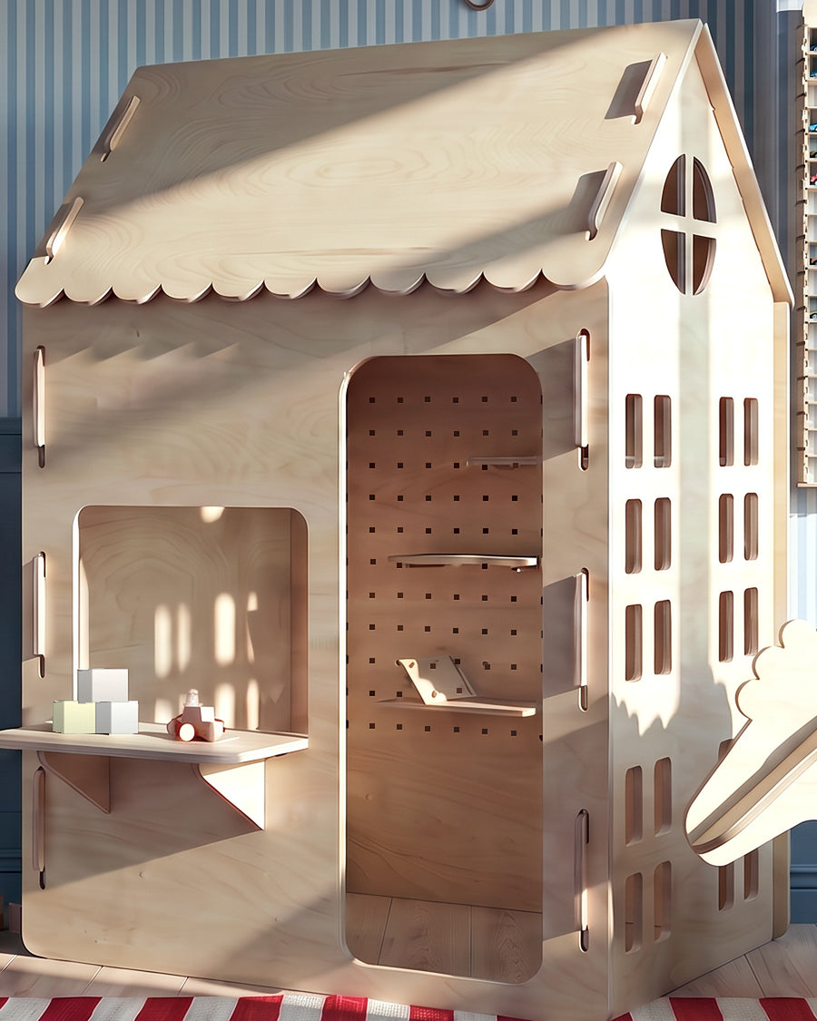 Render: the Ply House with a scalloped roof in Natural birch plywood, its counter window and door