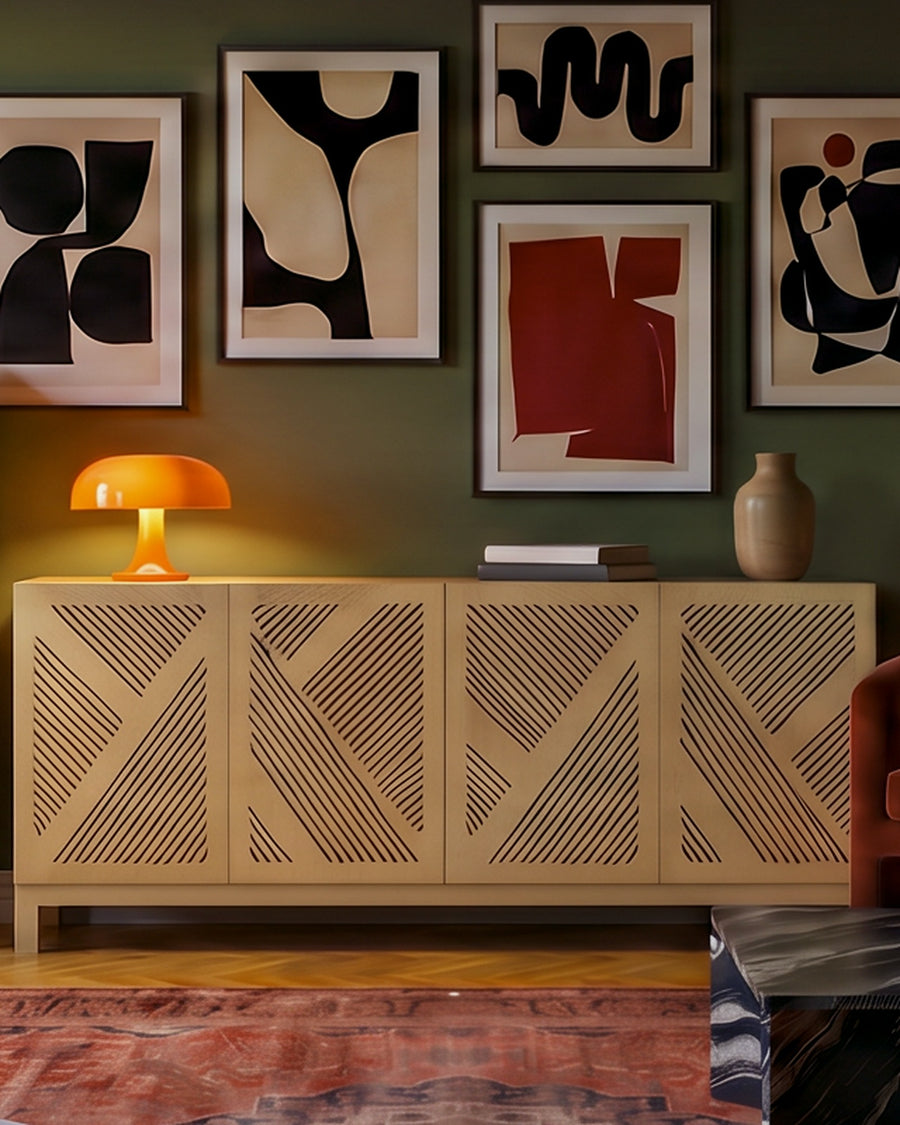 Render: the Eclectic Soul four-door sideboard in Natural birch plywood, its cut-through slots in a zig-zag pattern