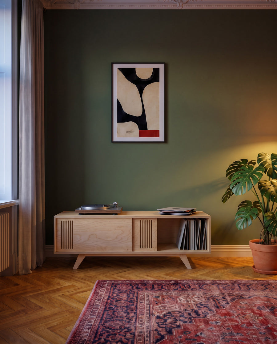 Render: the Sammy credenza, 160 cm, in Natural birch plywood, used as a record console with a turntable