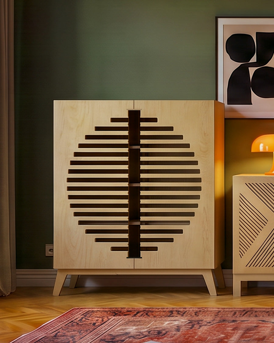 Render: the Zoe side cabinet in Natural birch plywood, a circle of slots across its two doors