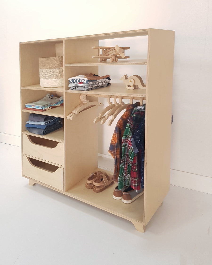 Sofi Wardrobe, a child-height birch plywood wardrobe with a hanging rail, shelves and two drawers