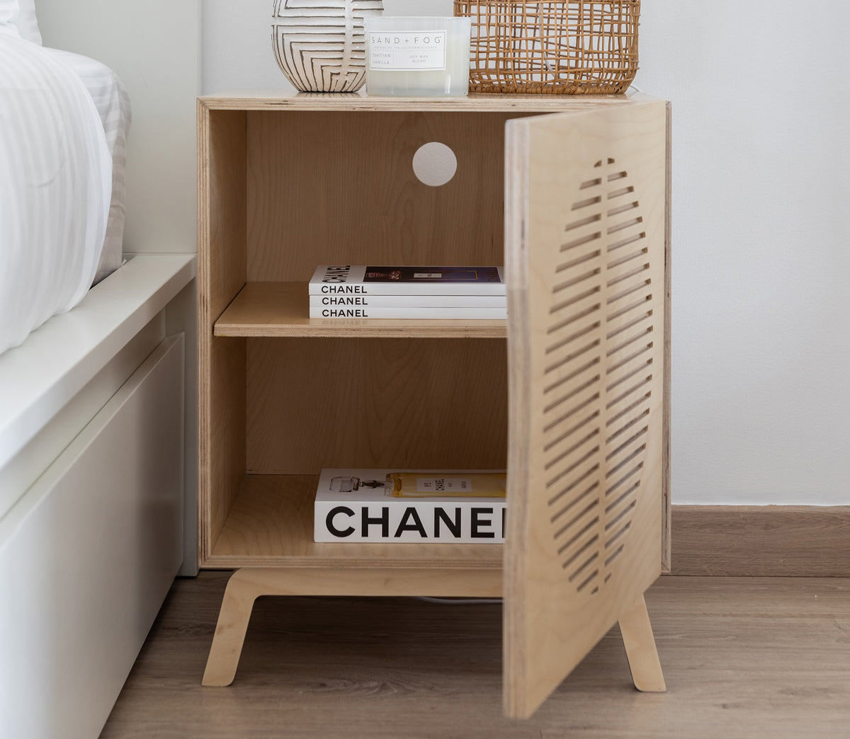 Penelope Bedside Table in birch plywood, with internal shelf and soft-close door — view 2