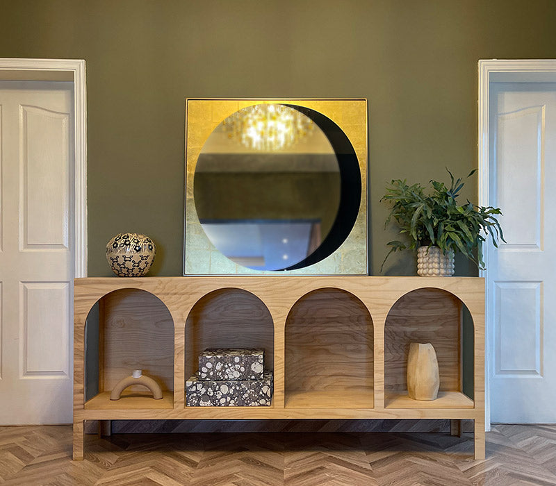 Jeffrey Sideboard, an open birch plywood sideboard with arched front — view 2