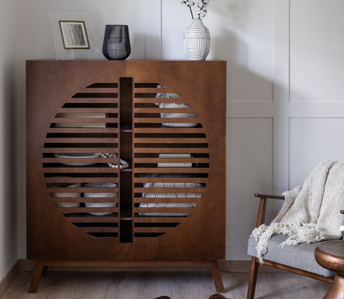 Zoe Side Cabinet, a birch plywood cabinet with end-grain slatted doors, handmade in Dubai by Plyconcept