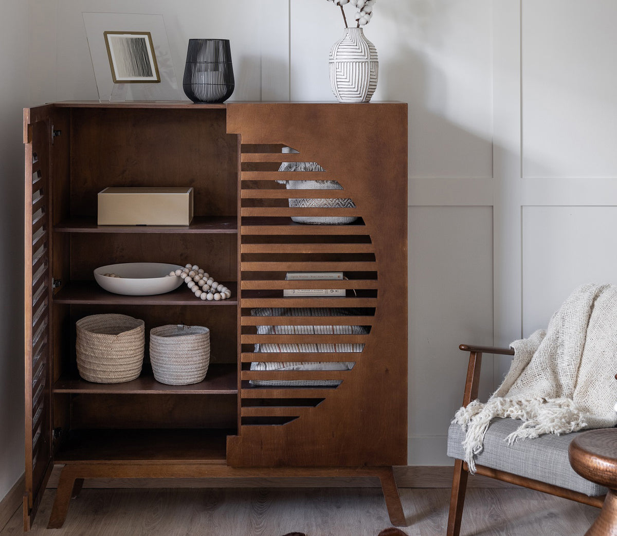 Zoe Side Cabinet, a birch plywood cabinet with end-grain slatted doors — view 2